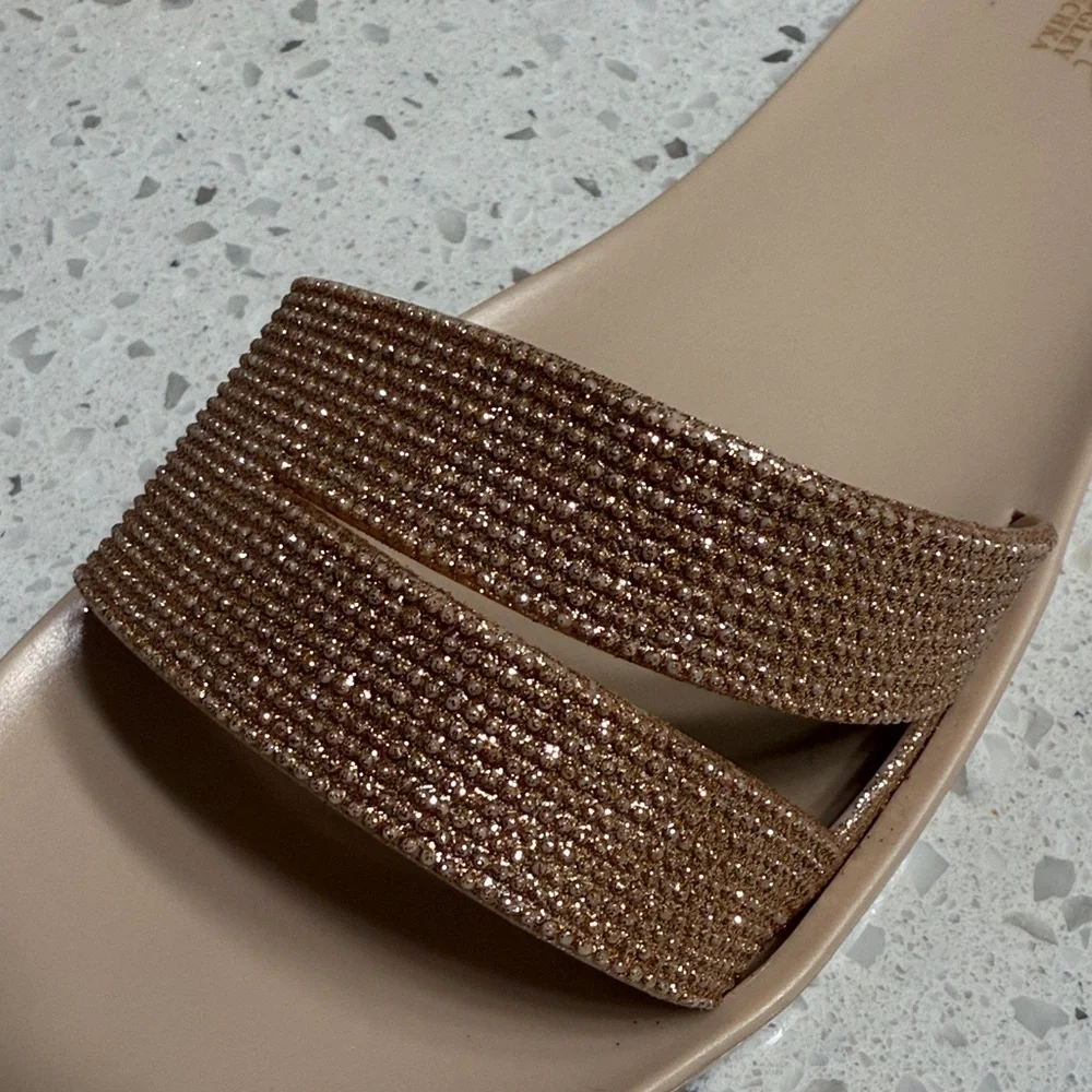 Jewel Badgley Mischka Sparkly Rose Gold/Tan Wide Strap Slide PVC Sandals SZ.9/40